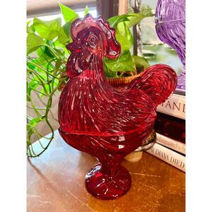Kbndieu Red Glass Rooster Candy Jar / Covered Candy Dish